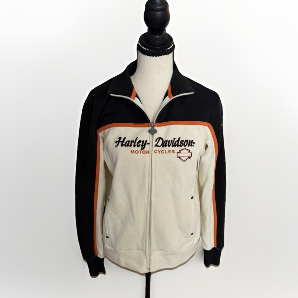 Harley Davidson Moto Jacket Womens Small Cream Black Full Zip Biker - Picture 1 of 7